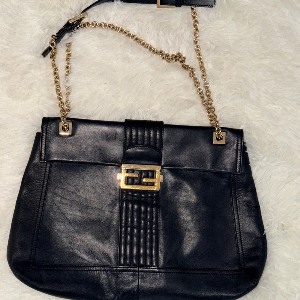 Fendi Black Metallic Leather Maxi Baguette Flap Shoulder Bag
